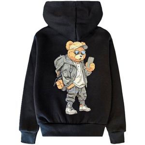 Kinder vest met beer - Jongens & Meisjes - Hoodie – Maat 98/104 – Zwart - 65% Katoen - Capuchon - Bear - beren - Sweatvest - Chill