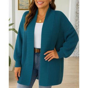 ASTRADAVI Dames Mode - Mooi ribgebreid vest - Warme en comfortabele lange cardigan - One Size - Petrolblauw