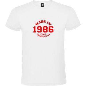 Wit T-Shirt met “Made in 1986 / 100% Original “ Afbeelding Rood Size XS