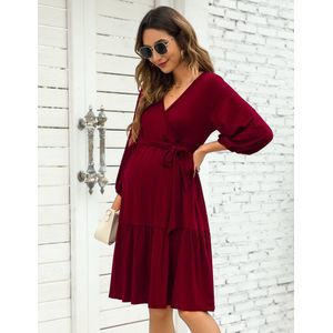 Zwangerschapsjurk Voor Dames Met V-Hals, Driekwartmouwen, Voedingsjurk Met Ruches En Riem Claret S