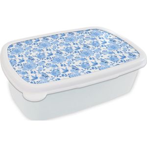 Broodtrommel Wit - Lunchbox - Brooddoos - Bloemen - Patroon - Blauw - 18x12x6 cm - Volwassenen