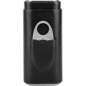 Leather Travel Cigar Case Portable Wood Lined Humidor with Cutter Set (Black)