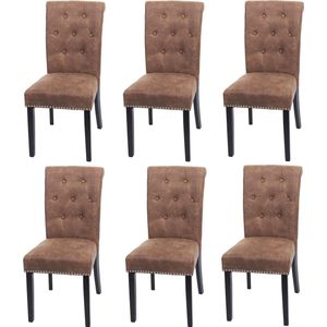 Set van 6 eetkamerstoelen Chesterfield II, stoel keukenstoel, klinknagels ~ stof/textiel bruin, donkere poten