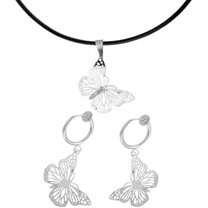 2-Delige set- Filigraan vlinder- Zilverkleur- Ketting- klem oorbellen- Geen gaatje- Charme Bijoux
