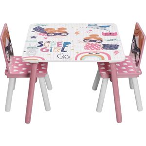 J&R Kindertafel - Speeltafel - Kindertafel met 2 stoelen - Kinderbureau - Roze/wit - 60x60x44