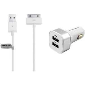 OneOne auto oplader met 2 poorten + 2,0m USB kabel. Krachtige universele 24 Watt autolader past op Apple iPhone 3G, 3Gs, iPhone 4, 4s, iPad 1, iPad 2, iPad 3, iPod Classic, iPod Mini, iPod Nano 1, 2, 3, 4, 5, 6, iPod Touch 1, 2, 3, 4