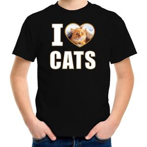 I love cats t-shirt met dieren foto van een rode kat zwart voor kinderen - cadeau shirt katten liefhebber - kinderkleding / kleding 122/128