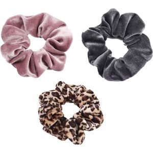 Scrunchie 3 stuks Velvet Extra Vol en Luxe - haarelastiek haarwokkel scrunchies - oudroze - grijs - panterprint bruintinten  - Kraagjeskopen.nl