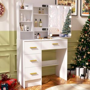 Dressing Table with LED Lighting and Adjustable Brightness, Mirror and Stool - White Vanity Table with 6 Shelves and 4 Drawers for Bedroom 80x36x131cm JRJ232401