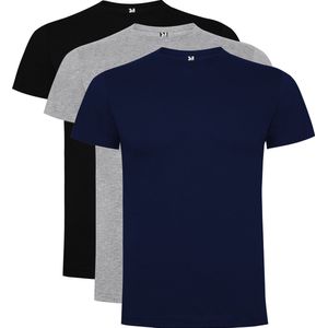 3 Pack Roly Dogo Premium Heren T-Shirt 100% katoen Ronde hals Zwart, Lichtgrijs gemeleerd, Donker Blauw Maat XL