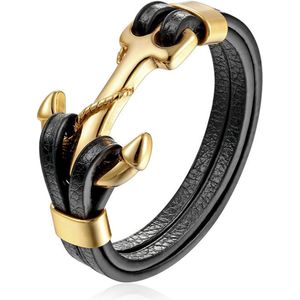 Victorious Leren Armband Heren – RVS Roestvrij Staal – Gouden Anker – Zwart – 21.5cm