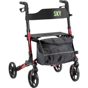 Sky - Lichtgewicht Rollator - Rood - Dubbel Opvouwbaar - Met Stokhouder en Boodschappentas