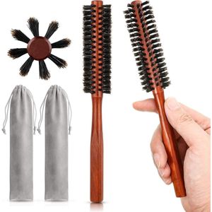 2 Haarborstels met Wildzwijnharen - Ronde Borstel voor Haarstyling en Mini-Baardborstel - Houten Handvat - 2 Zakjes met Trekkoord voor Dames