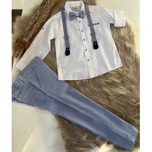 luxe jongens kledij- vierdelige katoenen jongens set-kinderpak- gestippeld overhemd, verstelbare bretels en vlinderdas (strikje)- kostuumbroek (lichtblauw, baby blauw)- feest outfit-bruidsjonkers-bruiloft-communie-verjaardag- 5 jaar