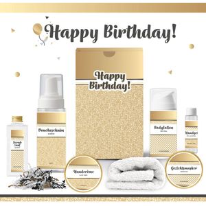 Geschenkset “Happy Birthday!” - 7 producten - 650 gram | Giftset voor haar - Luxe wellness cadeaubox - Cadeau vrouw - Gefeliciteerd - Set Verjaardag - Geschenk jarige - Cadeaupakket moeder - Vriendin - Zus - Verjaardagscadeau - Goud