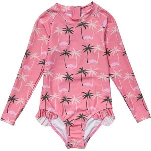 Snapper Rock - UV Zwempak voor meisjes - Lange mouw - Palm Paradise - Roze - maat 2 (76-88cm)