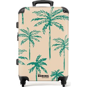 NoBoringSuitcases.com® - Koffer groot - Rolkoffer lichtgewicht - Beige met groene palmbomen print - Reiskoffer met 4 wielen - Grote trolley XL - 20 kg bagage