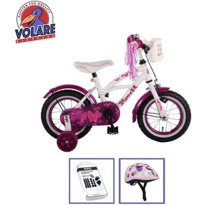 Volare Kinderfiets Heart Cruiser - 12 inch - Wit/Paars - Inclusief fietshelm & accessoires