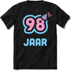 98 Jaar Feest kado T-Shirt Heren / Dames - Perfect Verjaardag Cadeau Shirt - Licht Blauw / Licht Roze - Maat 9XL