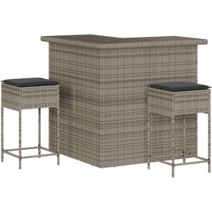 vidaXL 3-delige Tuinbarset met kussens poly rattan grijs - Tuinbarset - Tuinbarsets - Loungeset - Tuinset