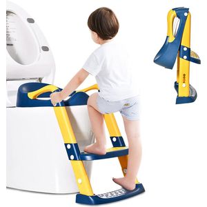 Toilettrainer met trap, opvouwbare toiletbril voor kinderen met traparmleuningen, zacht kussen, antislip 5 in hoogte verstelbare toiletbril, toiletbrilladder, zindelijkheidstrainer voor baby's, peuters, kinderen