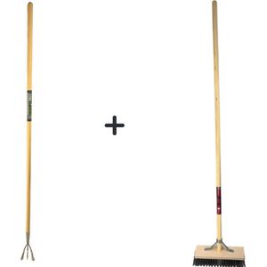 Synx Tools Tuinkrabber 3 Tanden Met Steel 150cm + Staaldraad Bezem Met Steel 150cm - Buitenbezem - Hark
