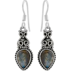 Zilveren oorbellen met hanger dames | Zilveren oorhangers, labradoriet steen en sierlijke details