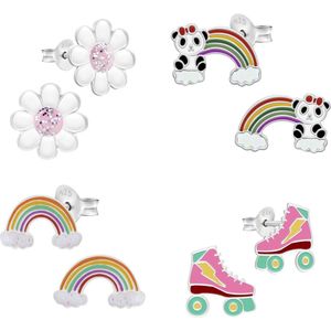 Kinderoorbellen, set van vier oorstekers regenboog, rolschaats en madeliefjes | Oorbellen meisje