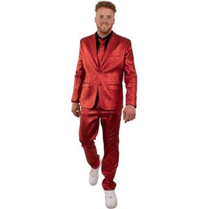 PartyXplosion - Kerst & Oud & Nieuw Kostuum - Metallic Glamour Rood 3delig - Man - Rood - Maat 52 - Kerst - Verkleedkleding