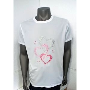 T-shirt Heren en damens recycled polyester maat S wit met rode hartjes nr 233