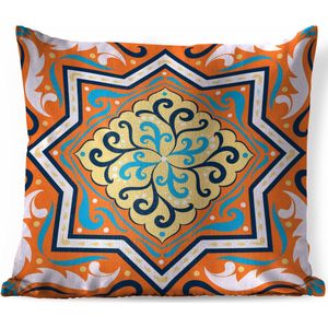 Sierkussens - Kussen - Vierkant patroon met een ster op een oranje achtergrond met versieringen - 60x60 cm - Kussen van katoen