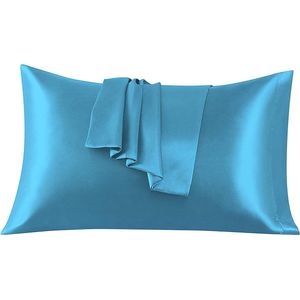 Set van 2 kussenslopen van satijn, 50 x 80 cm, azuurblauw, voor bed, zacht bij aanraking, met zaksluiting, antimijt en hypoallergeen, bescherming voor haar, huid en antirimpels