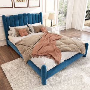 Sweiko 180*200cm Kussenbed met Vlak Noedelsframe en hoofdeinde, Modieus fan-vormig hoofdeinde, cilindrische steunpoten, fluweel, Blauw