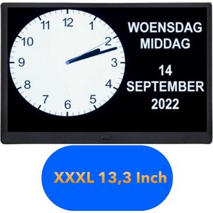 Dementieklok - 13,3 inch - XXXL - Kalenderklok met Datum en Dag - Afstandsbediening - 9 Talen - Nederlandstalig - Digitaal - Analoog