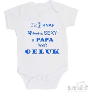 100% katoenen Romper ""Ik ben knap Mama is SEXY & Papa heeft GELUK"" Jongens Katoen Wit/blauw Maat 56/62