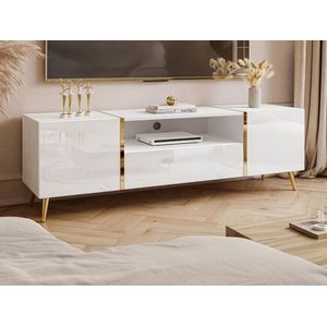 Tv-meubel met 2 deuren, 1 lade en 1 nis - Glanzend wit en goudkleurig - MARZIALO L 158 cm x H 51.8 cm x D 41 cm