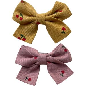 Haarclip - Haarstrik - Haarspeld - Roze & Geel - Strik met Kersen - Meisje - Kind - 2 stuks