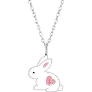 Zilveren ketting meisjes | Zilveren ketting met hanger, wit konijn met roze hartje