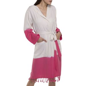 Dip Dye Badjas Fuchsia - L - extra zachte hamam badjas - luxe badjas - korte ochtendjas met capuchon - dunne sauna badjas