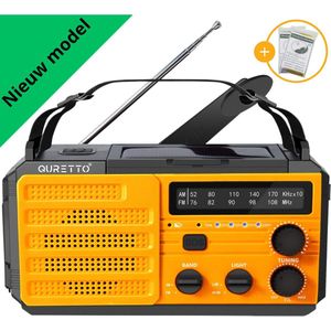 Quretto® - Noodradio - Solar Opwindbaar - Nederlandse versie - 8000 mAh Powerbank - USB-C Oplaadbaar - Met Zaklamp, SOS Alarm & Kompas - Draagbare Radio - Survival Noodpakket - Nooddeken - Geel - Bouwradio