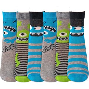 Kindersokken | Grappige sokken | Print: Monster | Kleur: Grijs | Maat: Diverse maten | 6 paar