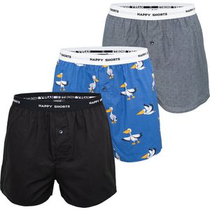 Happy Shorts 3-Pack Wijde Boxershort Zwart Pelikaan Print Blauw - Losse boxershort - Maat M
