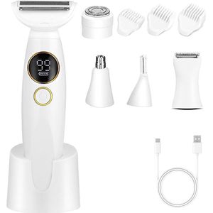 Scheerapparaat voor dames, 5-in-1 intiem scheerapparaat voor vrouwen, gezichtsontharing voor vrouwen, elektrisch scheerapparaat voor vrouwen met USB-oplaadstation, IPX7 waterdicht voor lichaam, oksels, bikinilijn, wenkbrauwen en neus