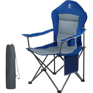 Oversized gewatteerde vouwbare campingstoel - inklapbaar stalen frame - hoge rugsteun - bekerhouder - zijtas - zware ondersteuning - 136kg (Blauw)