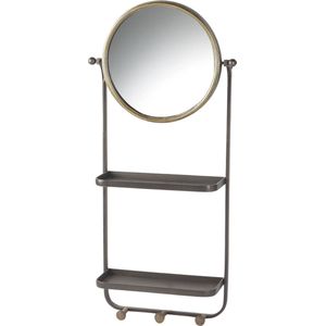 Parlane spiegel Humber zwart 96,5 cm - spiegel met kapstok - spiegel met plankje - ronde metalen spiegel - drie kapstokhaken - twee planken - ophangbaar