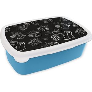 Broodtrommel Blauw - Lunchbox - Brooddoos - Camera - Patronen - Zwart Wit - 18x12x6 cm - Kinderen - Jongen