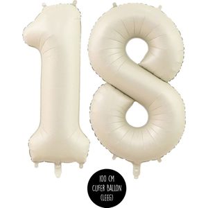 Cijfer Helium Folie ballon XL - 18 jaar cijfer - Creme - Satijn - Nude - 100 cm - leeftijd 18 jaar feestartikelen verjaardag