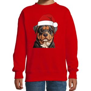 Bellatio Decorations Kersttrui / sweater honden - kinderen - Rotweiler - rood - kerstmuts - Kerstmis 98/104