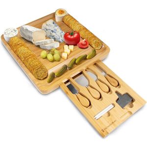 KitchenBrothers Borrelplank - Tapasplank - Uitschuifbaar - Kaasplank - Complete Set met Messen - Bamboe