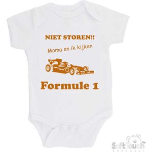 100% katoenen Romper ""Niet storen!! Mama en ik kijken Formule 1"" Unisex Katoen Wit/tan Maat 56/62